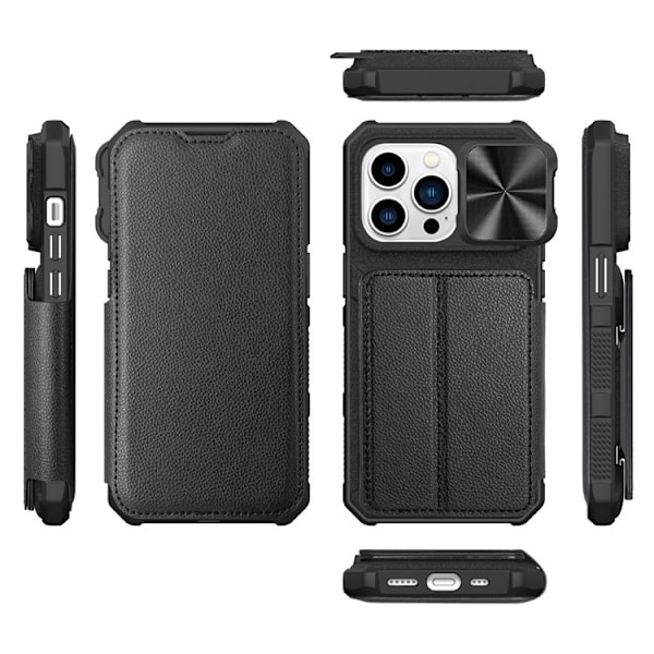 iPhone 14 Pro Max Plånboksfodral PU Läder Shockproof  - Svart Svart