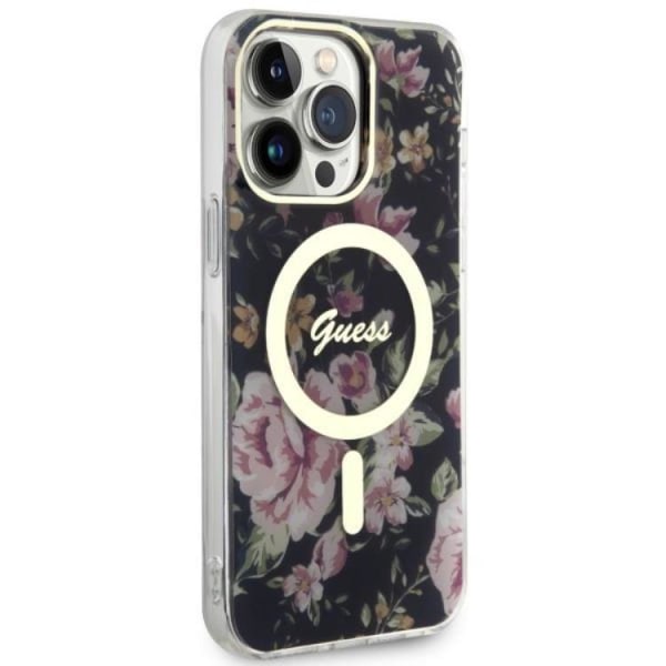 Guess iPhone 14 Pro Max mobiilikotelo MagSafe Flower - musta