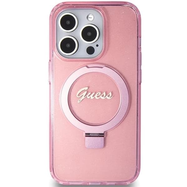 Guess iPhone 15 Pro Max -puhelinkotelo Magsafe Script Glitter Rosa