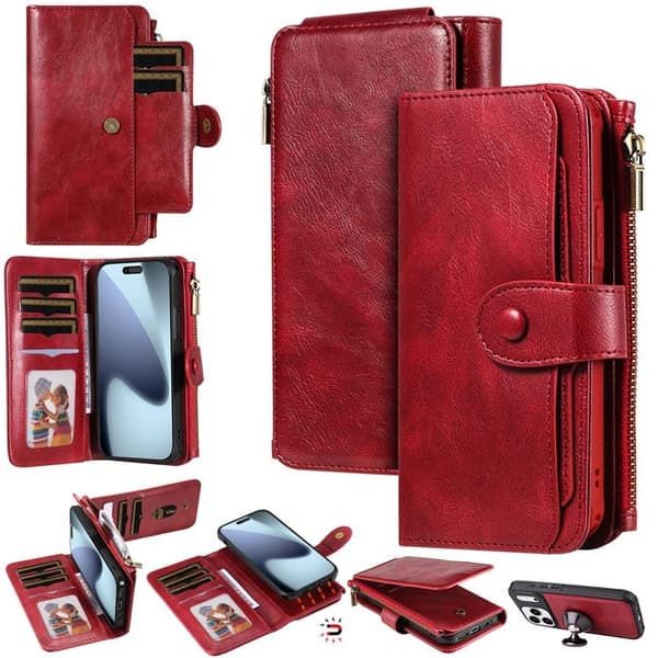 iPhone 17 Pro Max Konstläder Plånboksfodral Detachable Zipper - Röd Röd