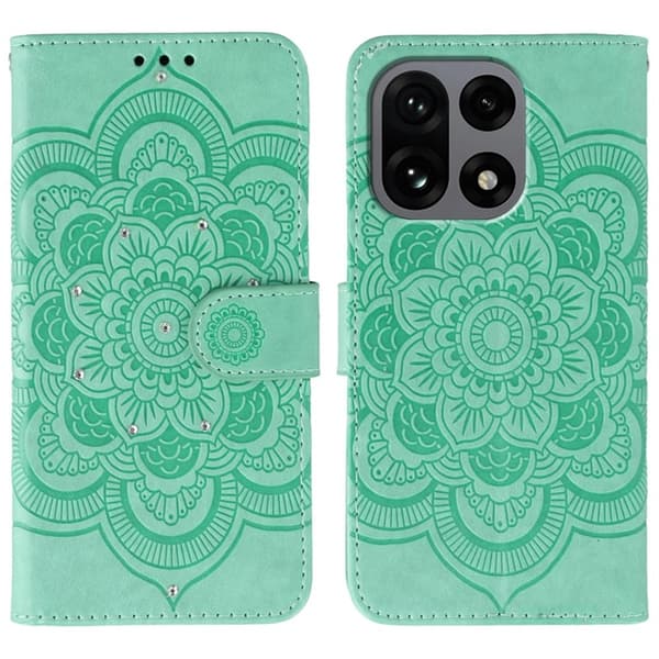 OnePlus 15 5G Konstläder Plånboksfodral Mandala Imprint Rhinestone - Grön Grön