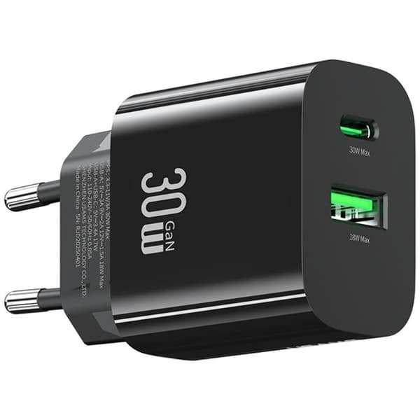 USAMS Hurtigoplader 30W 1xUSB-C 1xUSB-A CC316 - Sort Svart