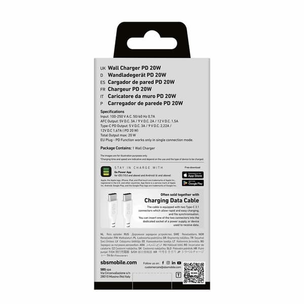 SBS Snabbladdare 20W USB-A USB-C med PD - Vit Vit