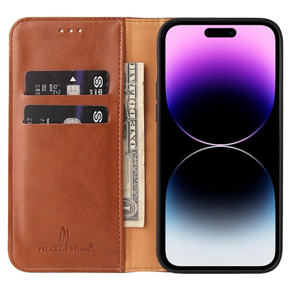 FIERRE SHANN iPhone 14 Pro Max Plånboksfodral Konstläder - Brun