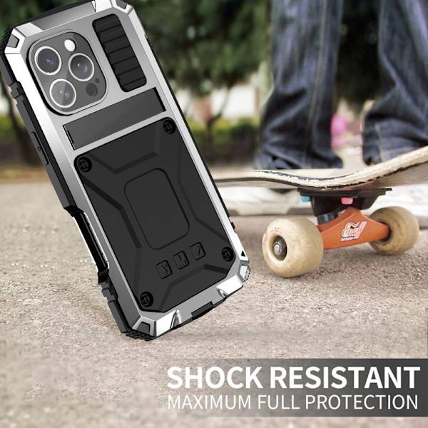 R-JUST Mobilskal till iPhone 16 Pro PC+Silicone+Metal Ställ Silver
