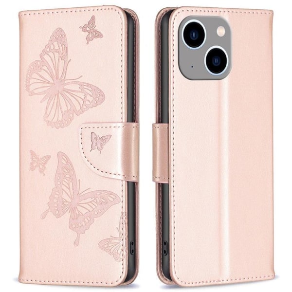 iPhone 14 Max -lompakkokotelo, perhoset painettu - ruusukulta