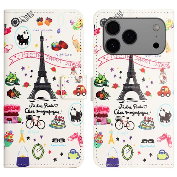 iPhone 17 Pro Plånboksfodral Pattern Print Konstläder - Eiffeltornet Vit
