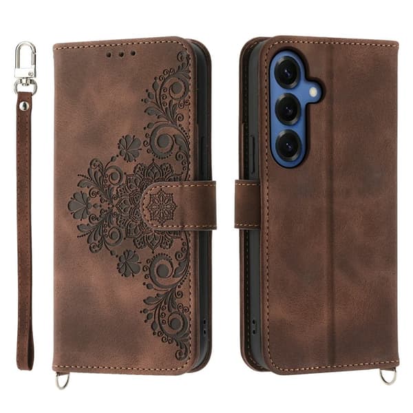 Plånboksfodral för Samsung Galaxy S26 Plus Konstläder Blommönster - Brun