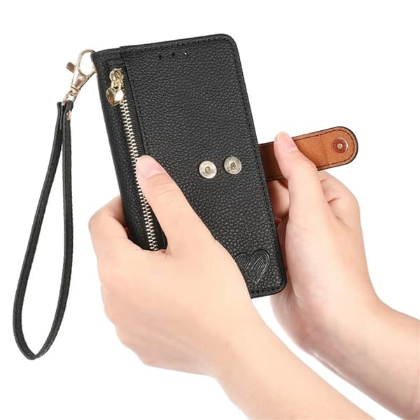 iPhone 17 Pro Max Konstläder Plånboksfodral RFID-Skydd Zipper med rem - Svart Svart