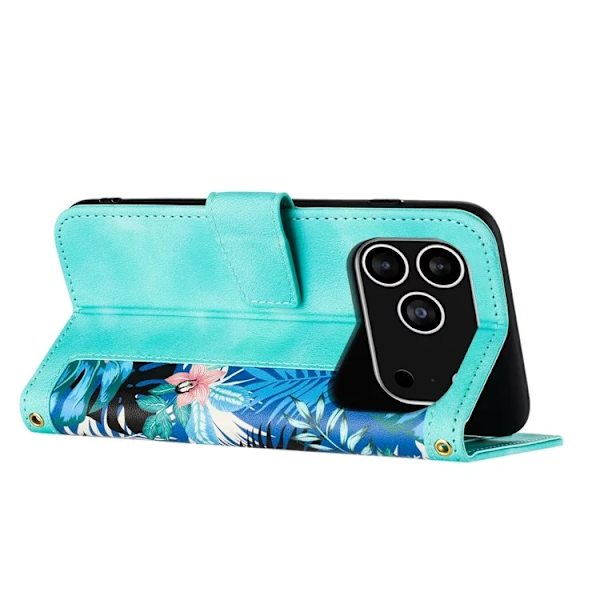 iPhone 17 Pro Plånboksfodral Floral Konstläder - Grön Grön