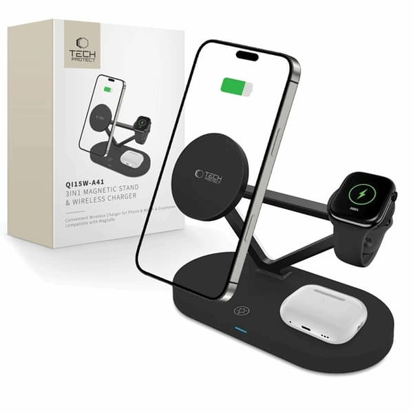 Tech-Protect 3-in-1 Trådlös Laddare iPhone Apple Watch AirPods - Svart