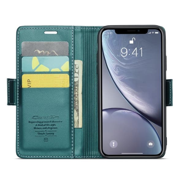 CASEME Plånboksfodral Konstläder till iPhone XR RFID-Skydd Grön