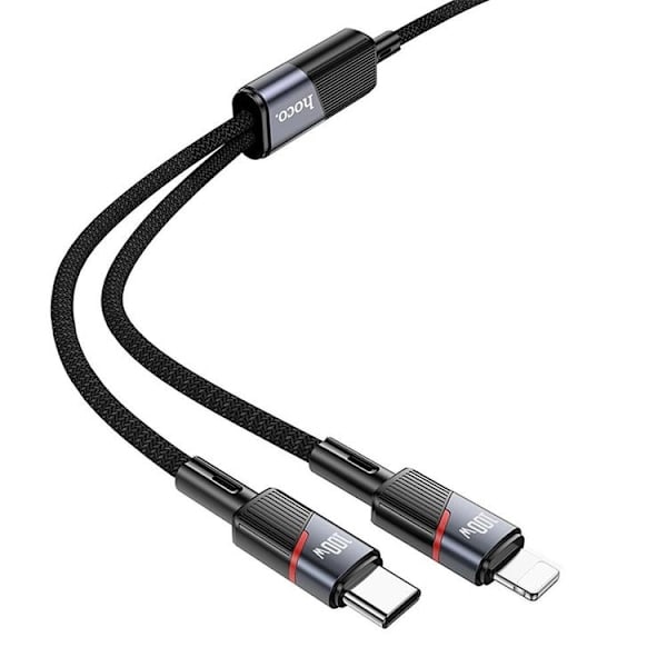 Hoco 2i1 USB-C/USB-C/Lightning 100W 5A Kabel 1.2m U139 Sort Svart
