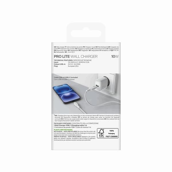 Puro Väggladdare 10W USB-A + USB-A - USB-C Kabel 1.2m Polite Vit