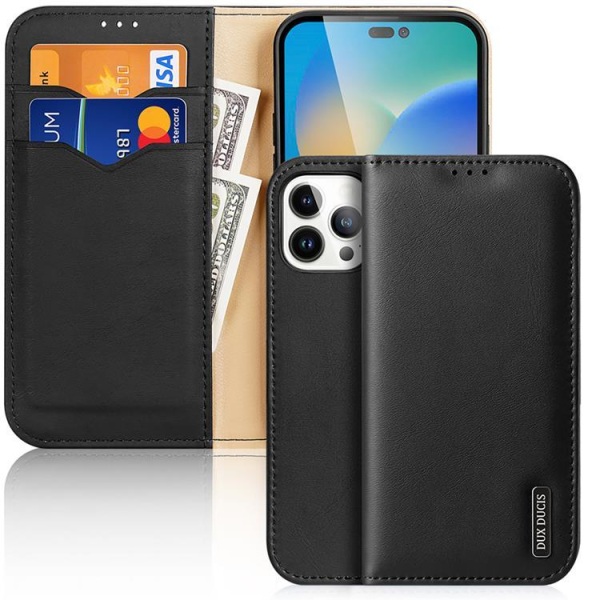 Dux Ducis iPhone 14 Pro Max Plånboksfodral Äkta Läder Hivo Flip - Svart Svart