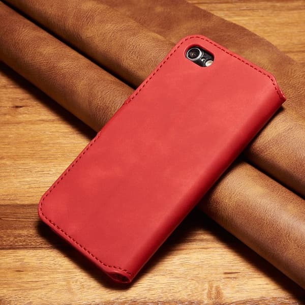 DG.MING Retro Konstläder Plånboksfodral för iPhone 7/8/SE 2022 - Röd