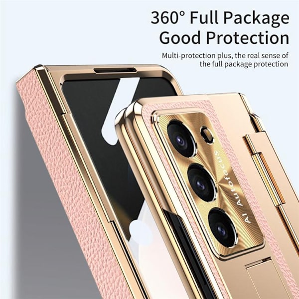 Mobilskal för Galaxy Z Fold 6 5G Läder+PC Kickstand - Guld/Rosa