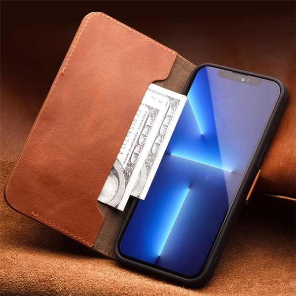 QIALINO iPhone 13 Mini Plånboksfodral Äkta Läder Flip Folio Brun