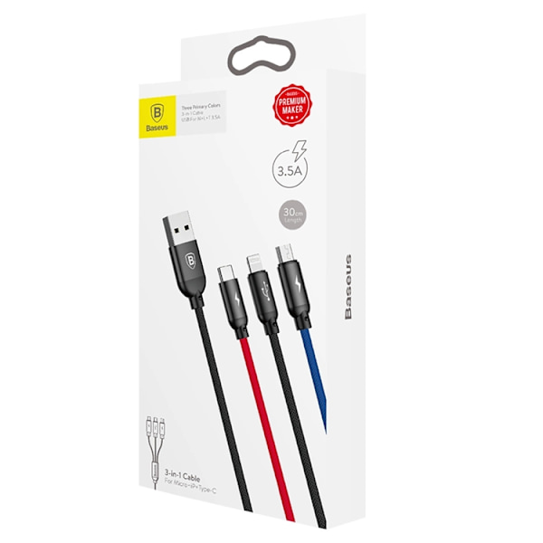 Baseus 3in1 USB-A till USB-C, Lightning, microUSB kabel 3.5A 0.3m Svart