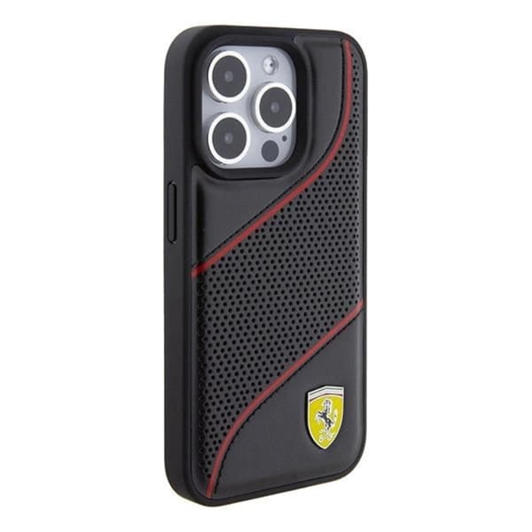 Ferrari iPhone 15 Pro Mobilskal Perforated Waves Metal Logo - Sort Black