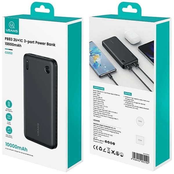 USAMS Powerbank 10000mAh 2xUSB-A 1xUSB-C PB83 Svart