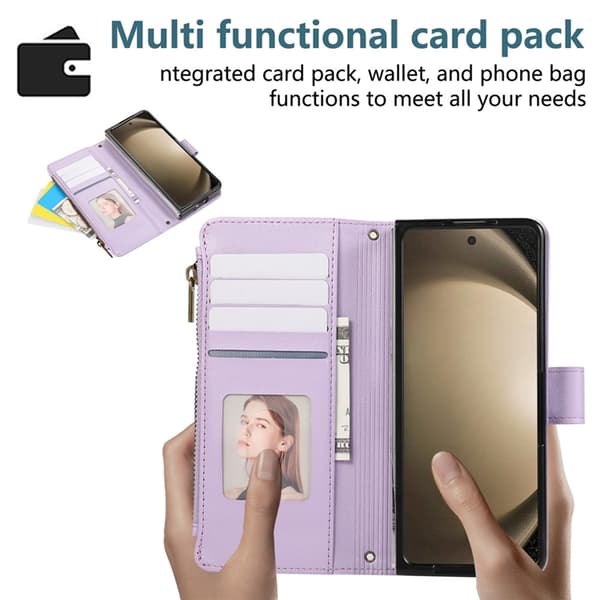 Galaxy Z Fold 7 Plånboksfodral Multi Zipper Läder - Lila Lila