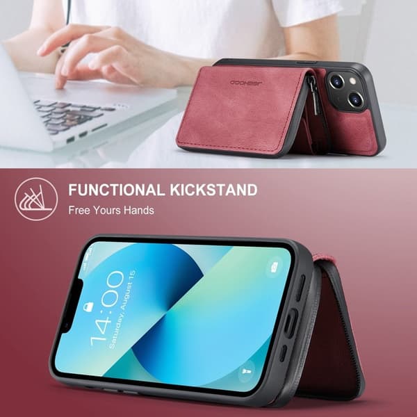 JEEHOOD ZippeRöd Plånboksfodral iPhone 14 Röd Konstläder TPU