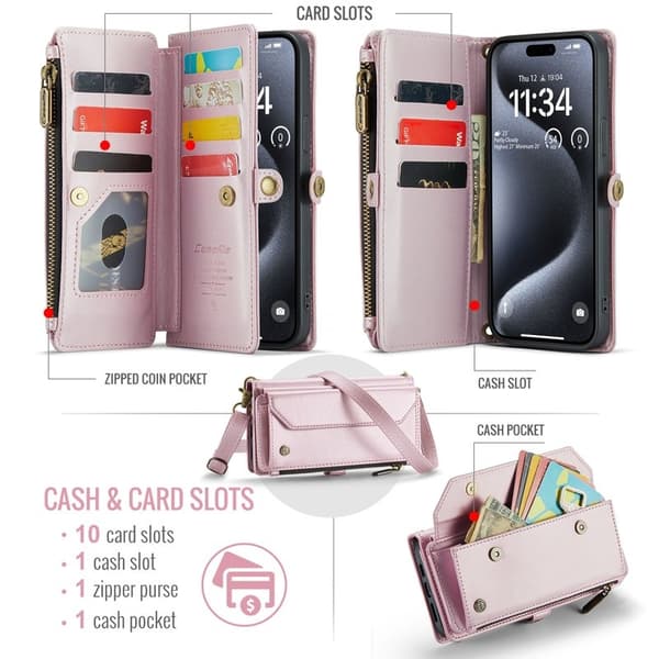 CASEME iPhone 16 Pro Max Plånboksfodral Konstläder med Dragkedja - Rosa