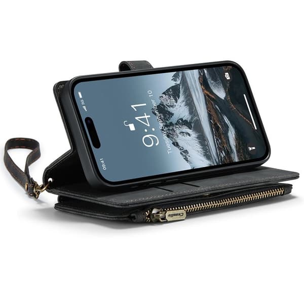 CASEME Konstläder Plånboksfodral för iPhone 15 Pro Max med rem - Svart