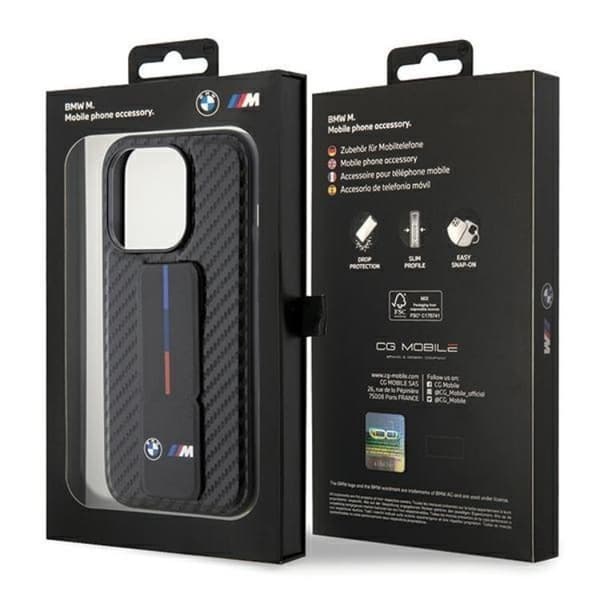 BMW iPhone 15 Pro -puhelinkuori Grip Stand Smooth & Carbon - Musta Black
