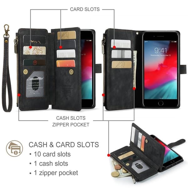 CASEME Konstläder Plånboksfodral för iPhone 6 Plus/6s Plus/7 Plus/8 Plus - Svart