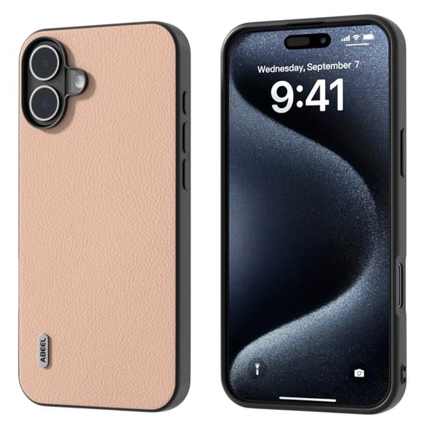 ABEEL Mobilskal till iPhone 16 Äkta Läder + PC + TPU Telefon- Rosa
