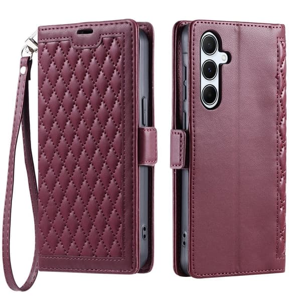 Samsung Galaxy S26 Plånboksfodral Konstläder Rhombus Textur - Vinröd