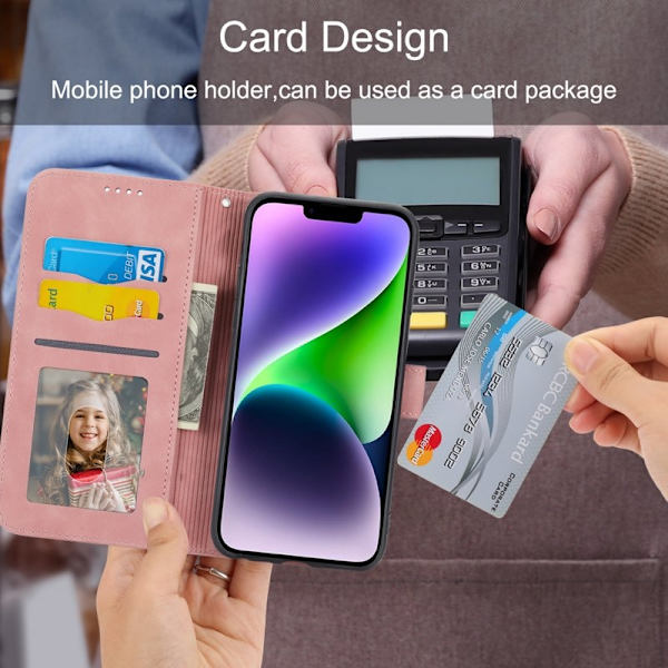 DIERFENG DF-03 Plånboksfodral i Konstläder för iPhone 15 Plus - Rosa