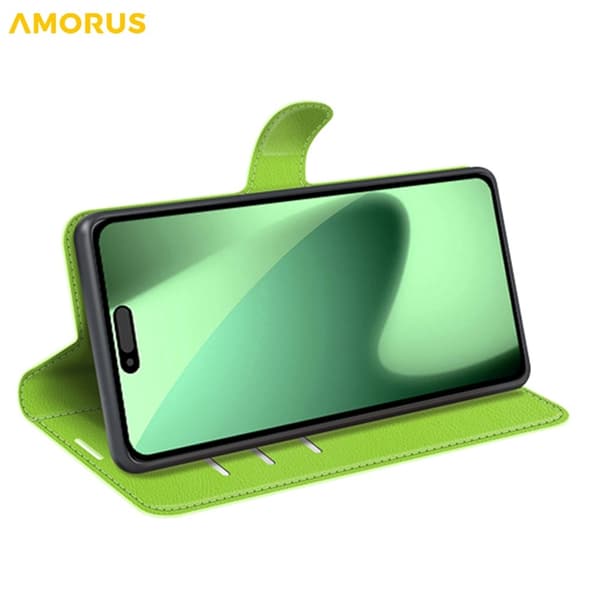 AMORUS iPhone 17 Pro Konstläder Plånboksfodral Flipstativ Litchi - Grön Grön