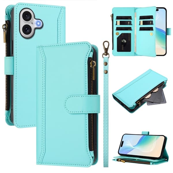 iPhone 17 Plånboksfodral Zipper Med Rem - Mintgrön Grön