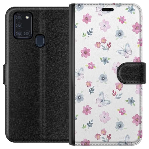 Pung Taske til Samsung Galaxy A21s med blomster og sommerfugle