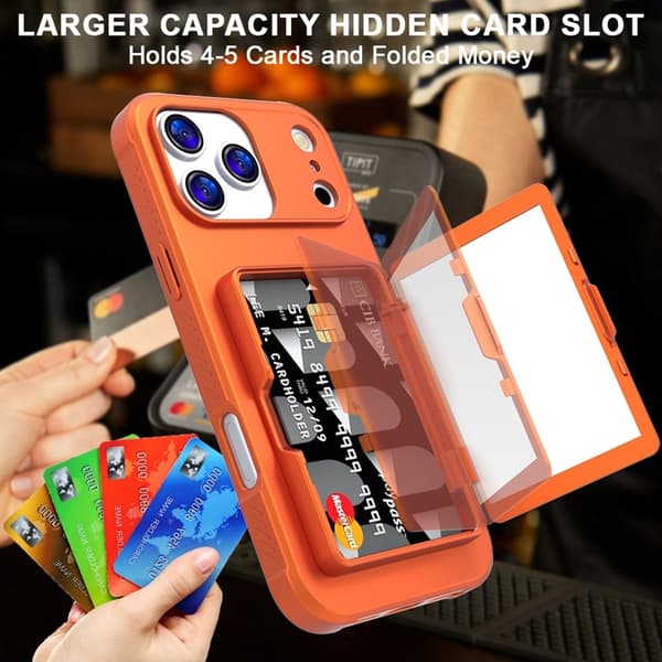 Mobilskal till iPhone 17 Pro Korthållare Mirror Kickstand Orange