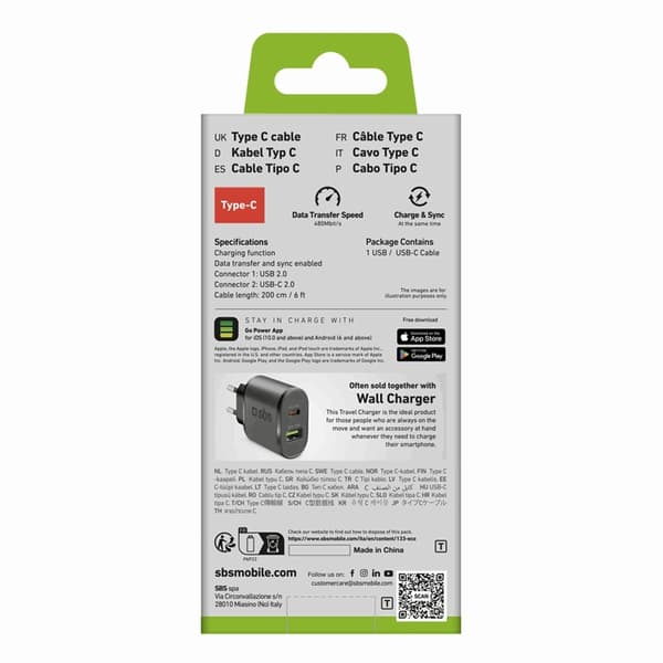 SBS USB-A - USB-C Kabel 2m - Svart Svart