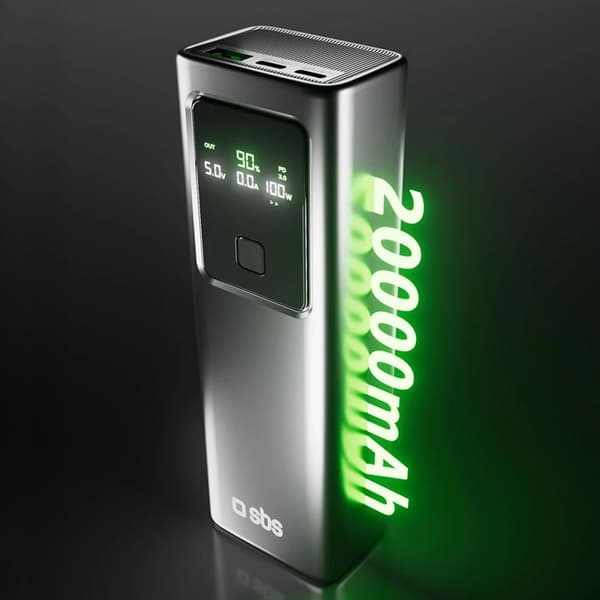 SBS Powerbank 20000mAh 100W PD med LCD Visa - Grå Grå
