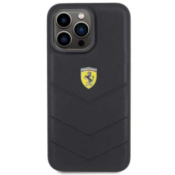 Ferrari iPhone 15 Pro -puhelimen suojakuori, jossa tikkaus ja metallinen logo - Musta