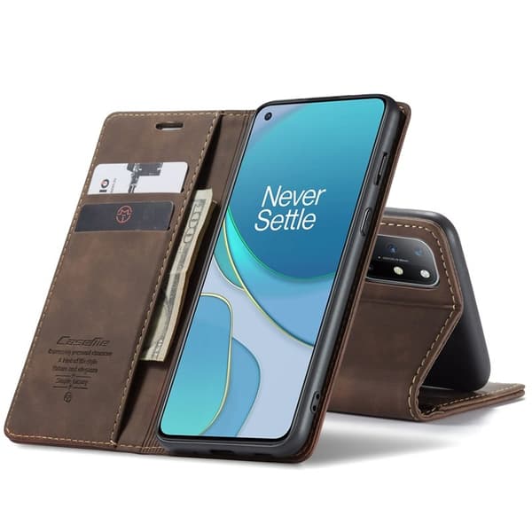 CASEME 013 Auto-absorberande Konstläderplånboksfodral OnePlus 8T - Brun