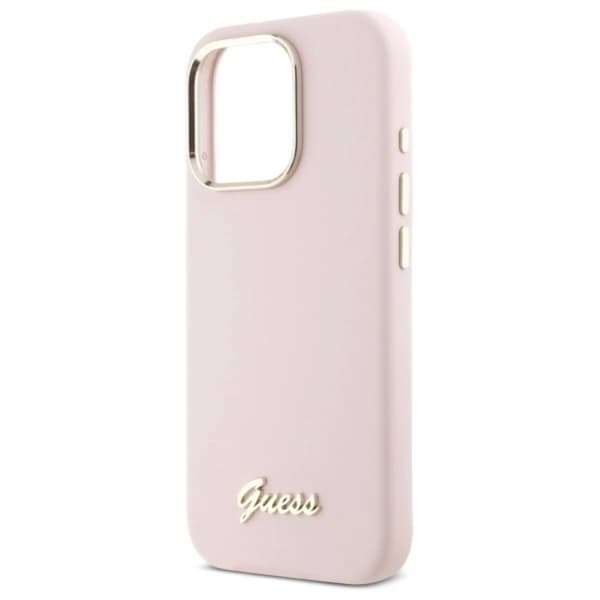 Guess Telefontaske til iPhone 16 Pro Max Silicone Script Metal Logo - Lyserød Rosa
