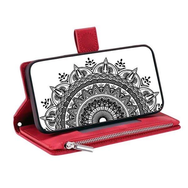 iPhone 15 Plus Plånboksfodral Mandala Flower Imprinted - Röd