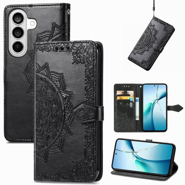 Plånboksfodral för Samsung Galaxy S26 Plus Mandala Blommor Konstläder - Svart