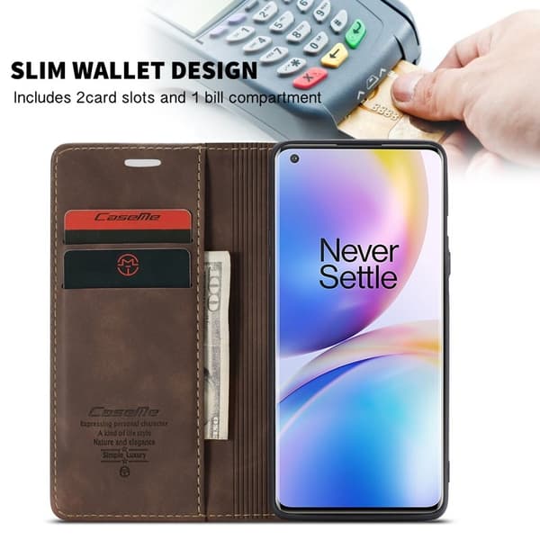 CASEME Auto-absorberande Plånboksfodral Konstläder OnePlus 8 Pro - Brun