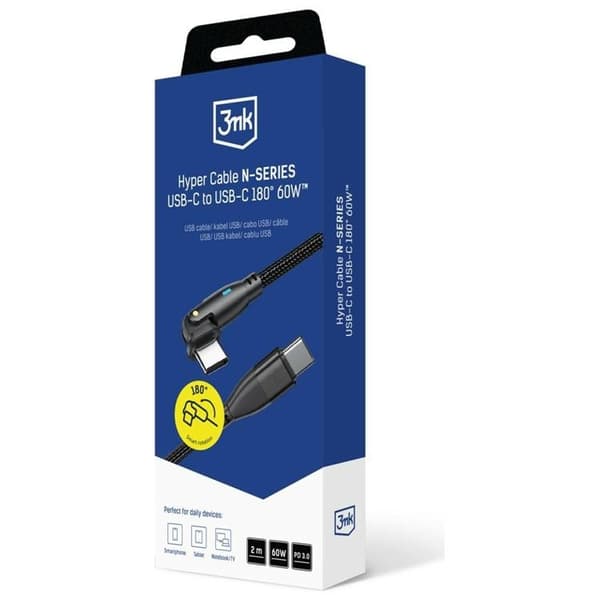 3MK USB-C - USB-C 60W -kaapeli 20V/3A 2m N-SERIES Hyper - Musta Svart