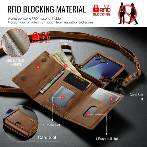 DG.MING M6 Series Konstläder Plånboksfodral för Samsung Galaxy Z Flip7 5G - Brun