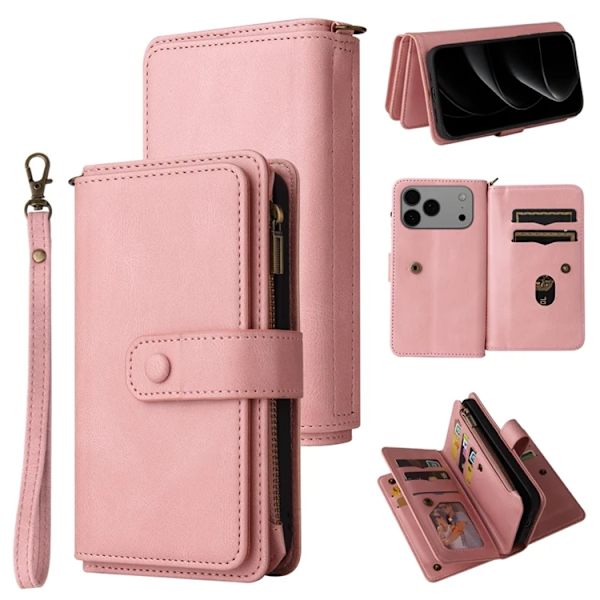 iPhone 17 Pro Konstläder Plånboksfodral Zipper Rem Rosa
