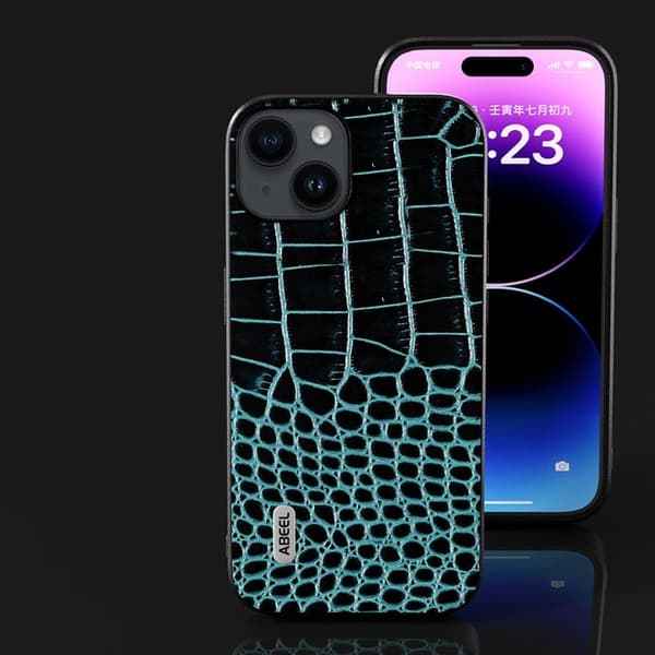 ABEEL Mobilskal till iPhone 15 Plus Äkta Läder Krokodiltextur Blå
